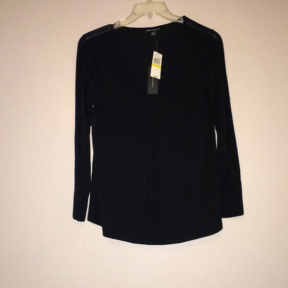 COPY - Cable & Gauge Mesh See Thru Stripe Long Sleeve V-Neck Top, Black - Picture 1 of 10